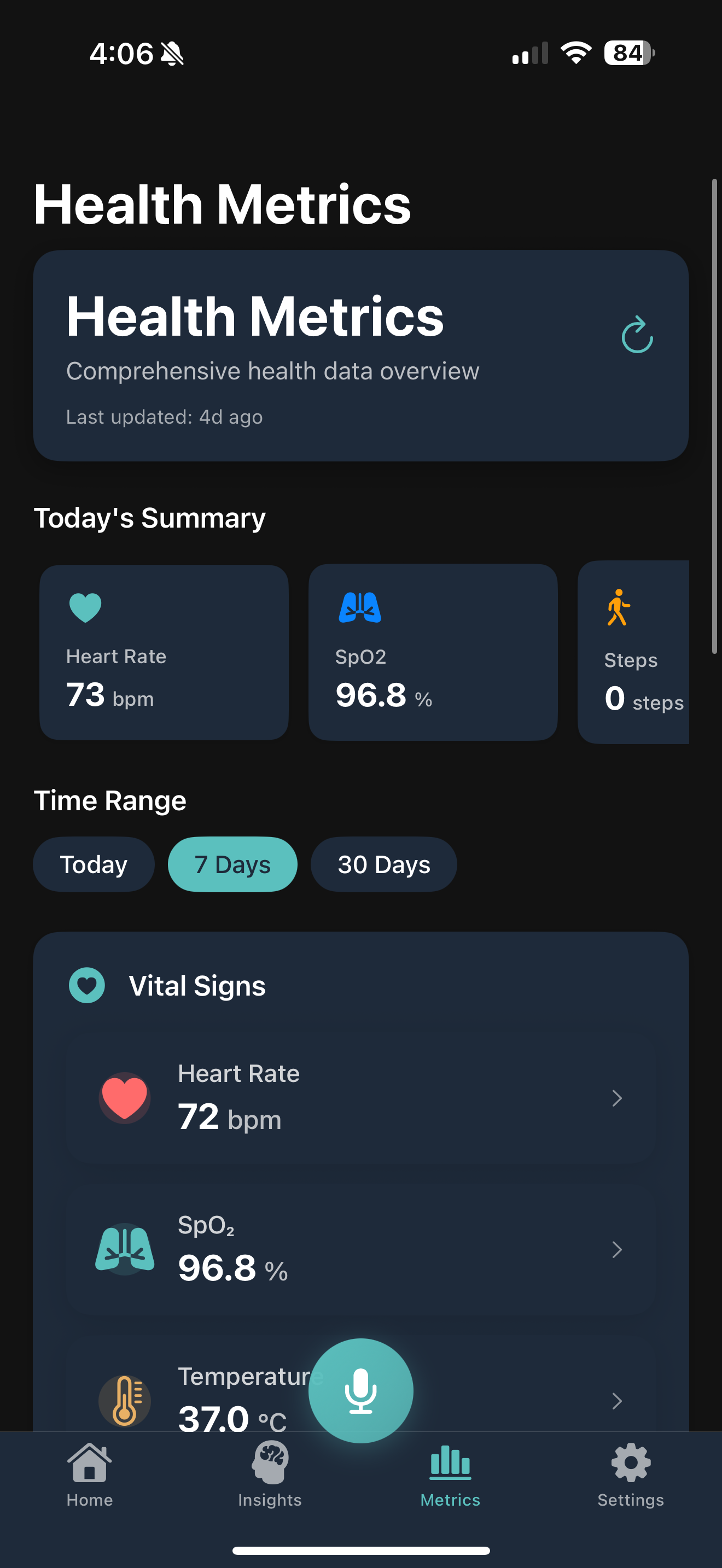 Vitul app health metrics screen
